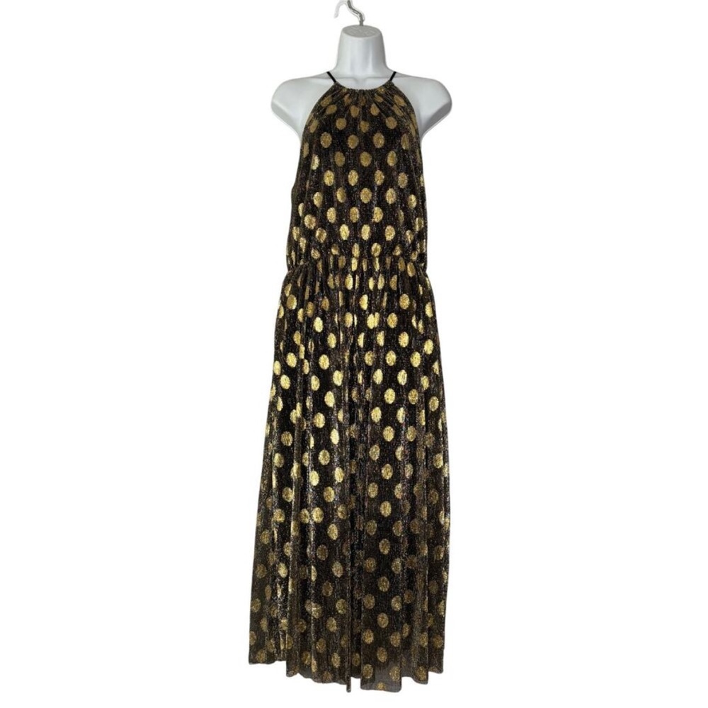 Anthro Sunday in Brooklyn Confetti Metallic Gold Swiss Dot Halter Midi Dress M